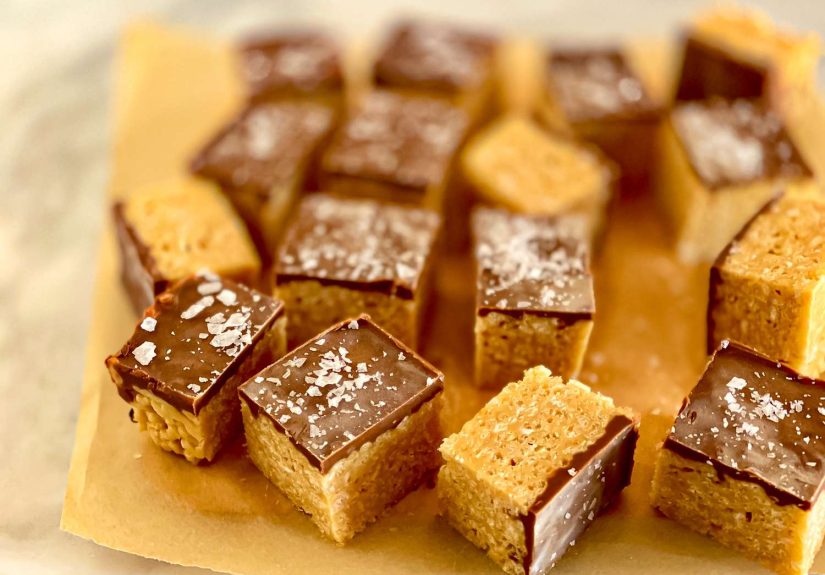 Tahini Rice Krispie Treats with Milk Chocolate Glaze