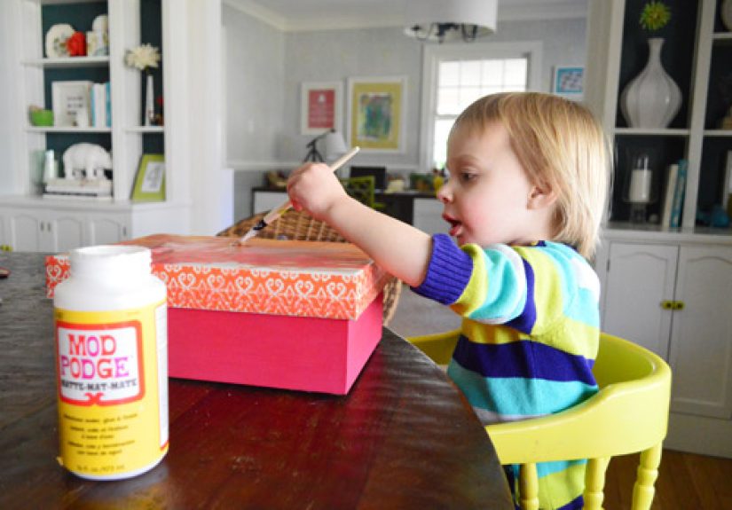 Decoupaging A Box With Kid Art
